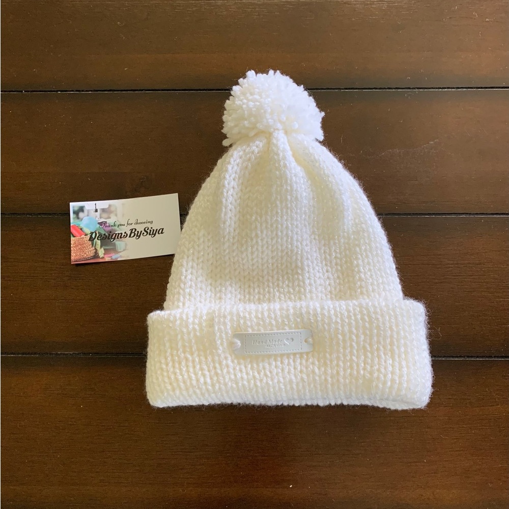 New!! Hand knitted White Beanie Hat